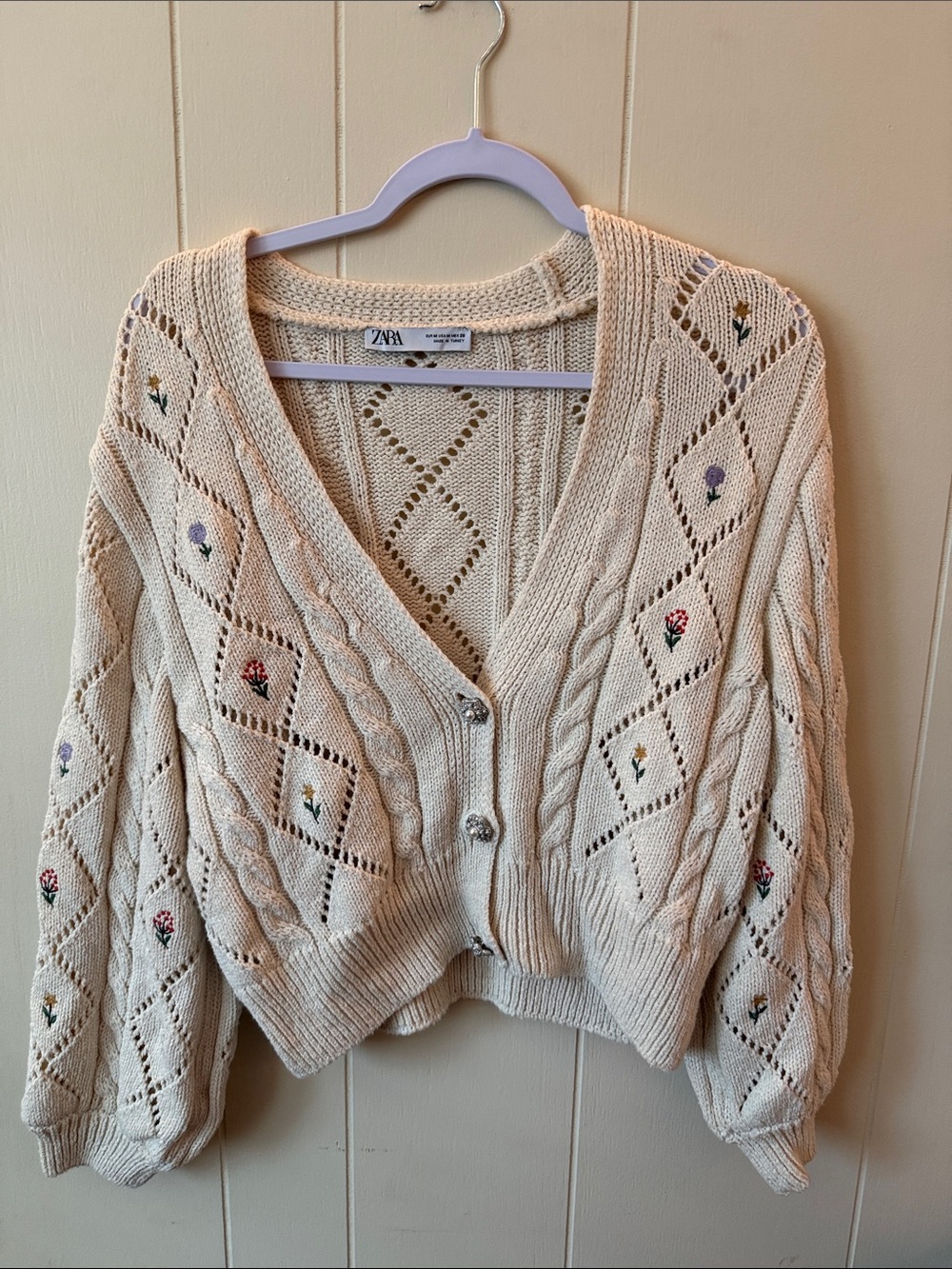 Zara Cream Cable Knit Floral Button-Front Cardigan